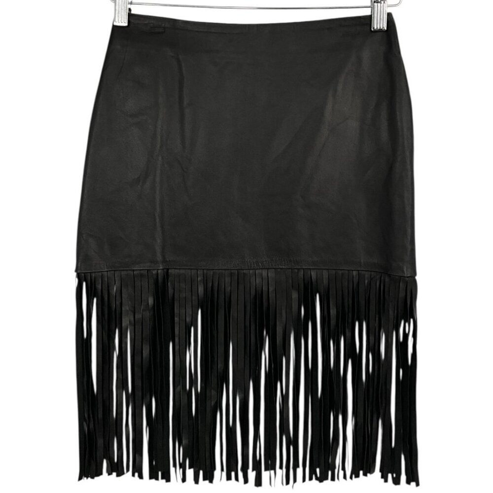 The Perfext Leather Mimi Skirt Black Fringe Knee Length Back Zip Size XS